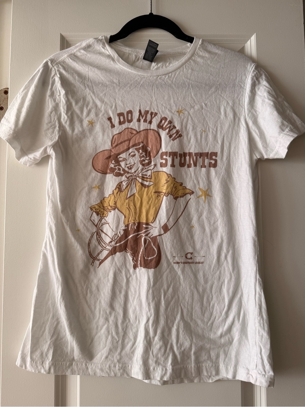 Gildan White Womens Tee with Brown & Yellow Cowgirl Graphic I Do My Own Stunts